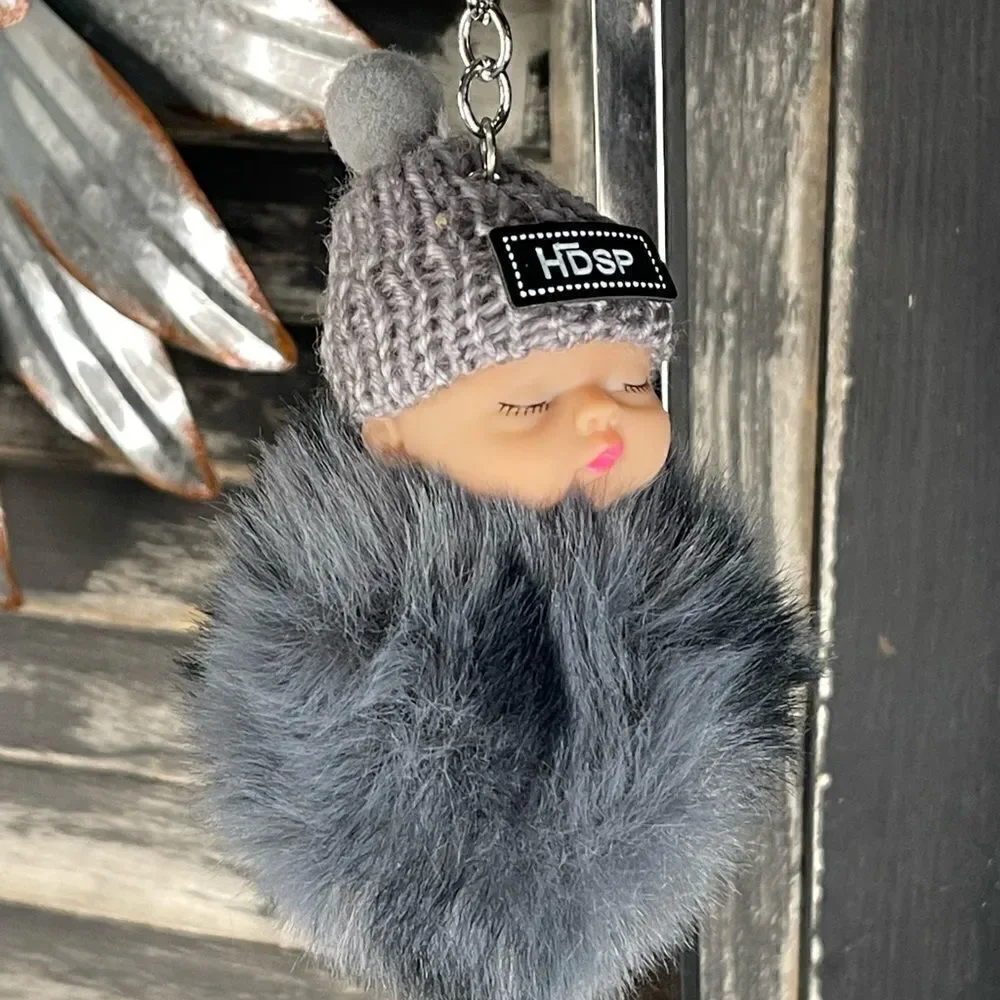 Pom Baby Keychain-Gray & Black w/Hat